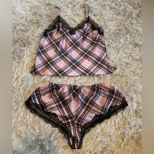Victoria's Secret Pink Plaid Lace-Trim Cami & Shorts Sleep Set medium